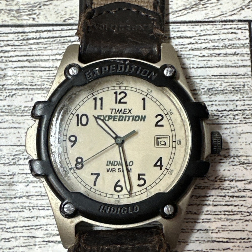 Timex Watch Men Gold Black Plastic 50m Beige Canvas Brown Quartz *Untested*